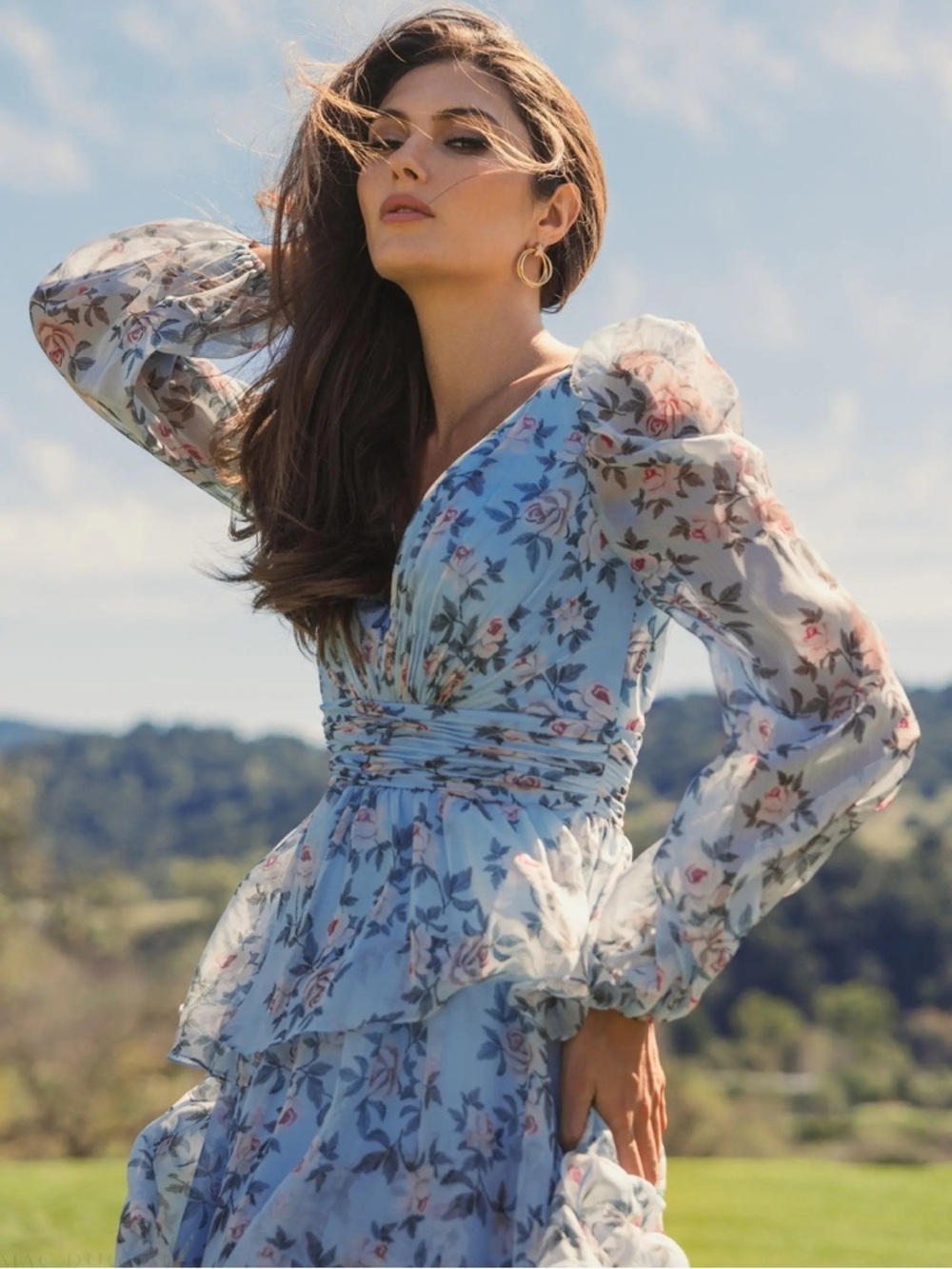 Mac Duggal 55880 Blue Puff Sleeve Floral Printed Dress Size 10 - Picture 5 of 12